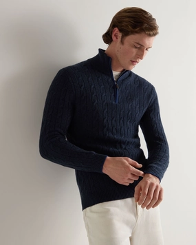 Men'S Albemarle Cable Half Zip Cashmere Jumper Indigo Blue Exclusive Online Discount MustHave Deal