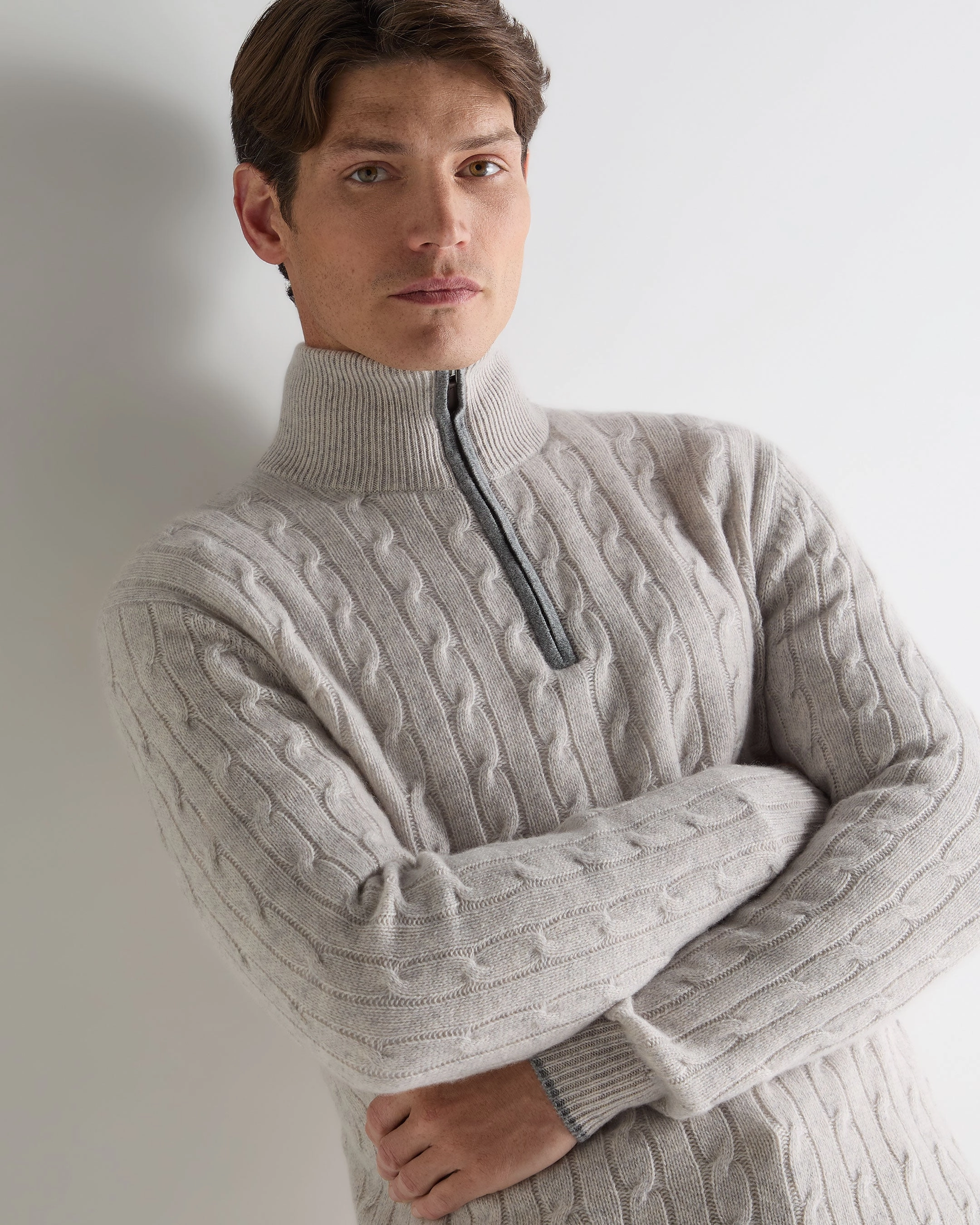 Clearance Alert Now Men'S Albemarle Cable Half Zip Cashmere Jumper Nougat Brown Marl