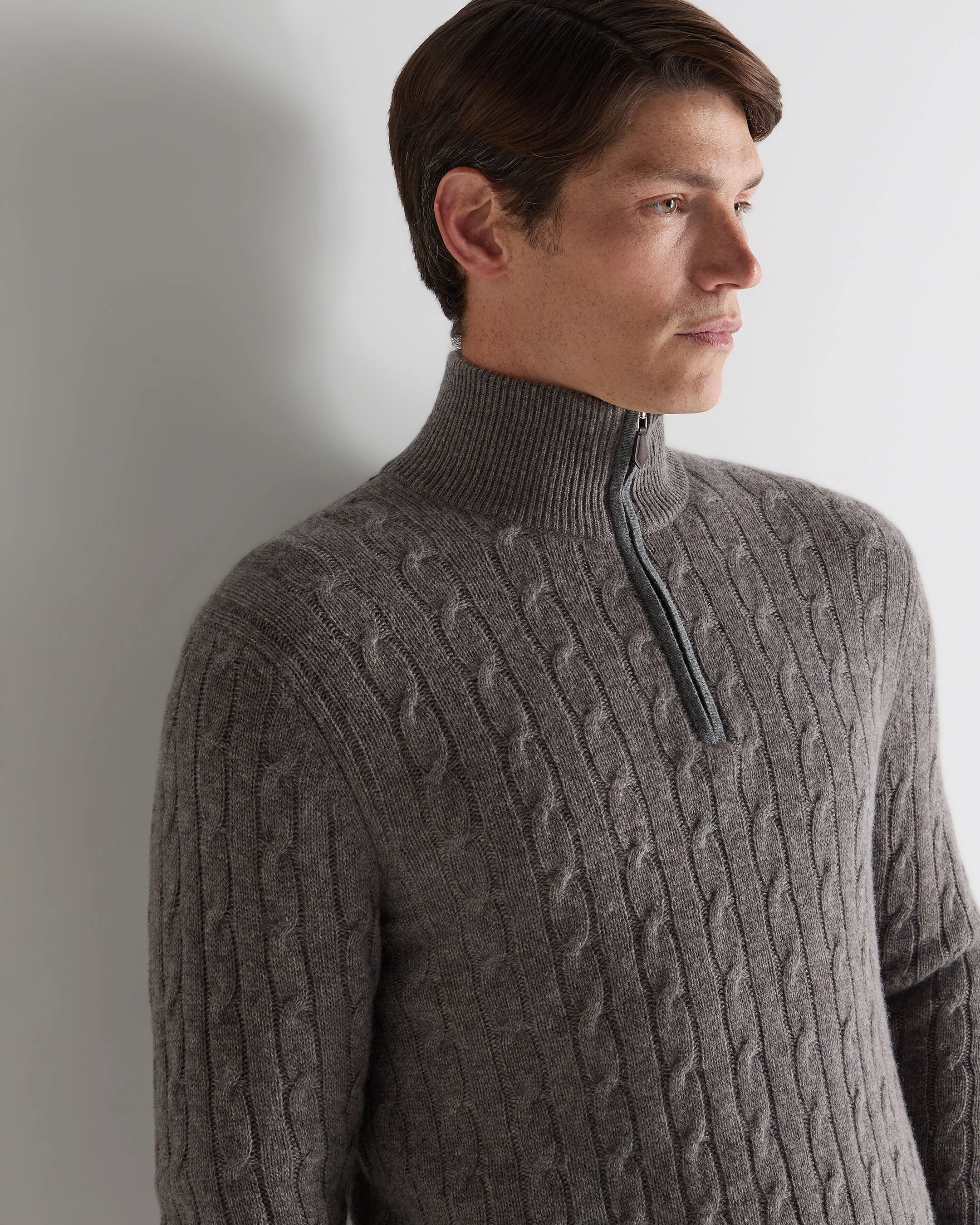 Men'S Albemarle Cable Half Zip Cashmere Jumper Wood Smoke Brown Sweet Deal Inside