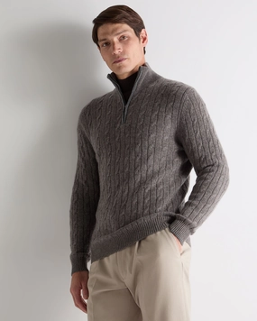 Men'S Albemarle Cable Half Zip Cashmere Jumper Wood Smoke Brown Best Deal Today Today Only Offer