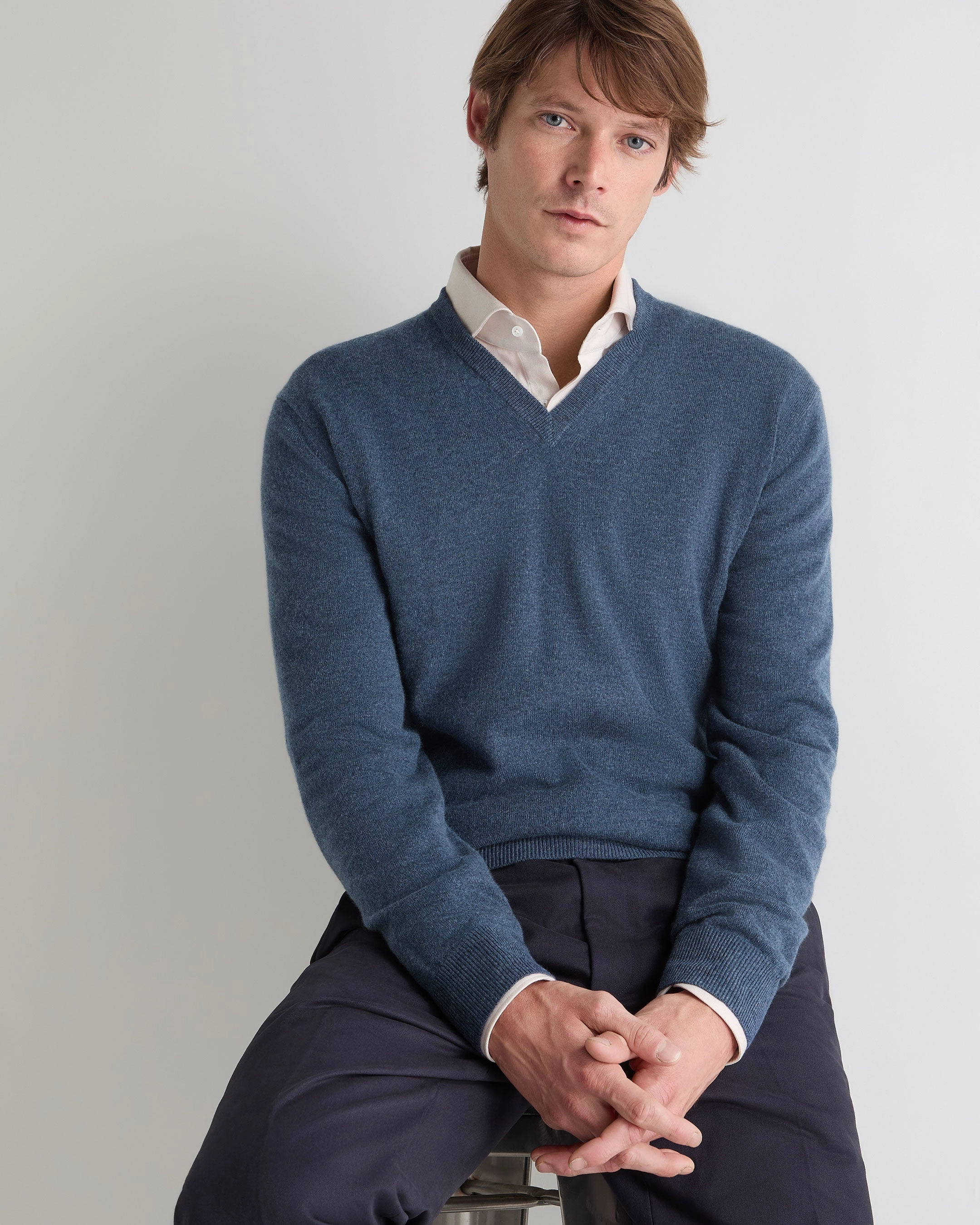 Men'S Burlington V Neck Cashmere Jumper Light Denim Blue Grab Your Savings