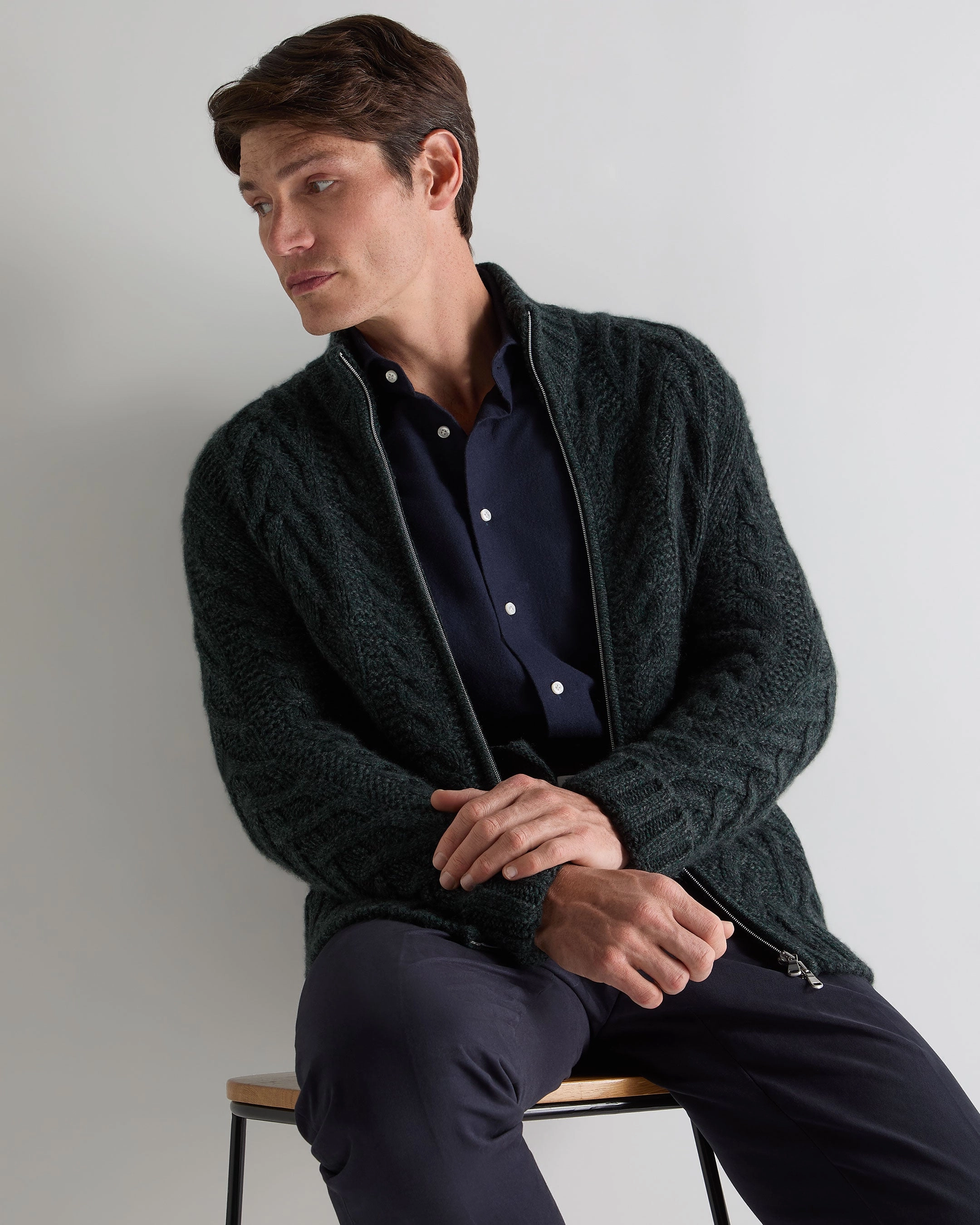 Men'S Cable Full Zip Cashmere Jumper Green Melange Today Only Offer