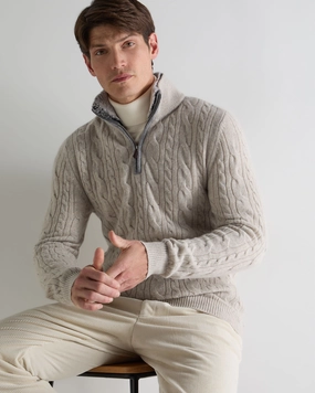 Men'S Fur Trim Half Zip Cashmere Jumper Nougat Brown Marl Clearance Sale Now