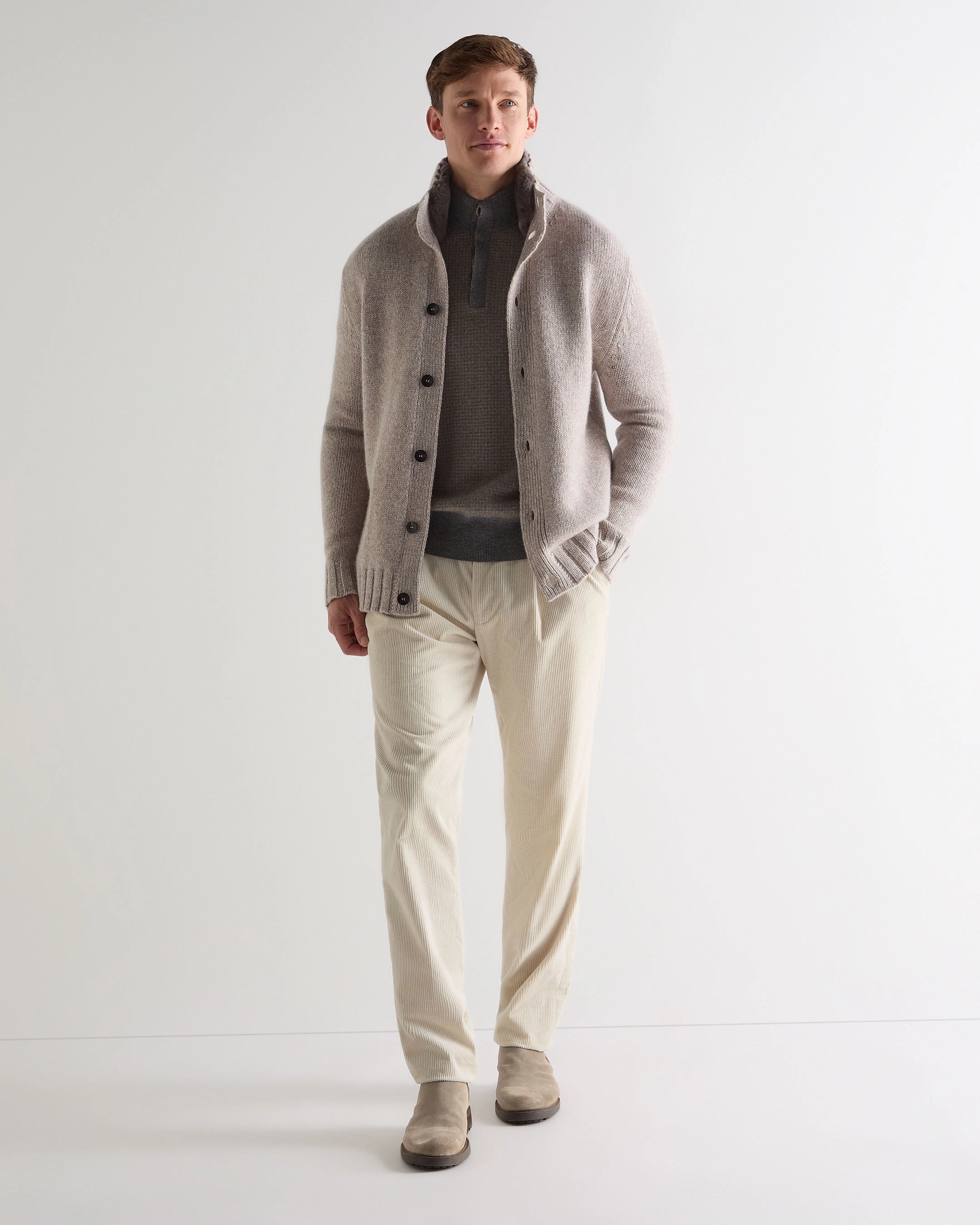Men'S Half Button Herringbone Cashmere Jumper Truffle Houndstooth Grey Mega Hot Offer