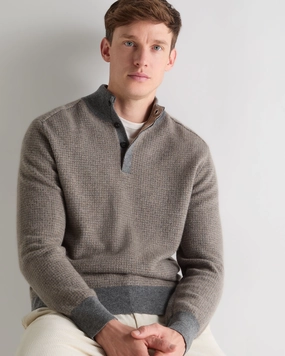 Men'S Half Button Herringbone Cashmere Jumper Truffle Houndstooth Grey Todays Hot Pick Grab It Now