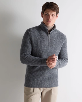 Men'S Half Zip Rib Cashmere Jumper Grey Melange Today Only Savings