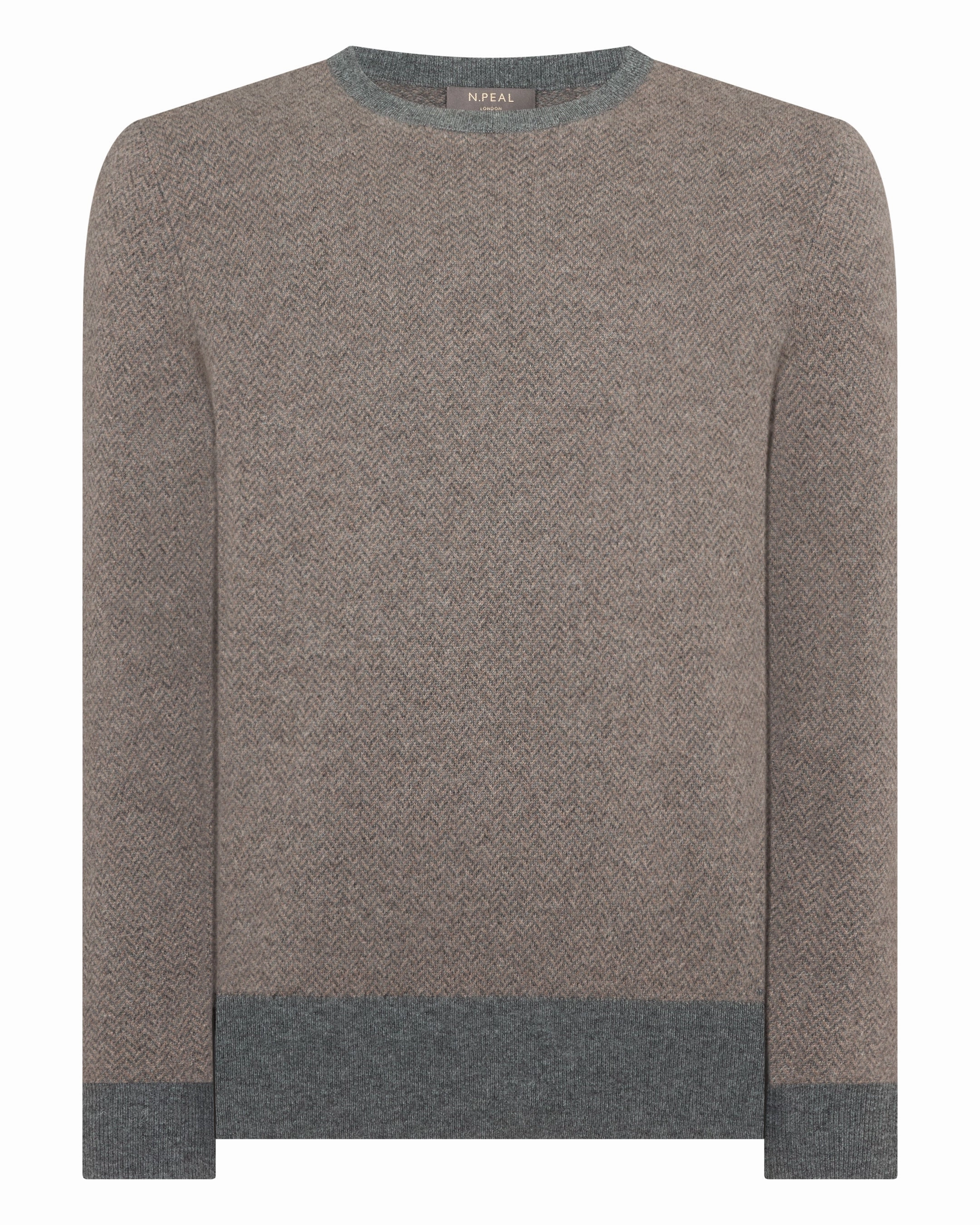 Men'S Oxford Herringbone Round Neck Cashmere Jumper Smoky Herringbone Grey Exclusive Hot Pick Sale Ending Soon