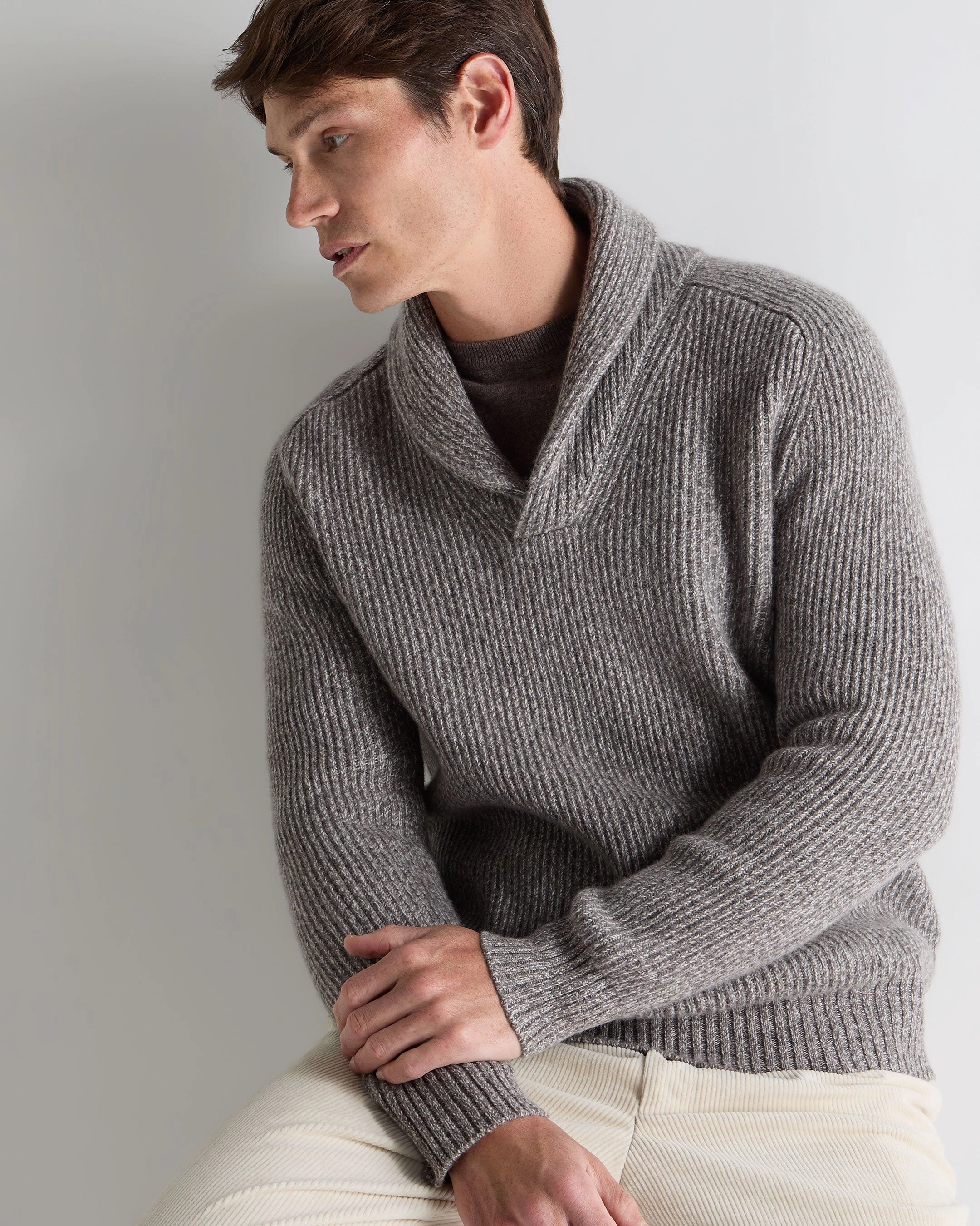 Men'S Shawl Collar Cashmere Jumper Soft Truffle Brown Marl Limited Stock Offer
