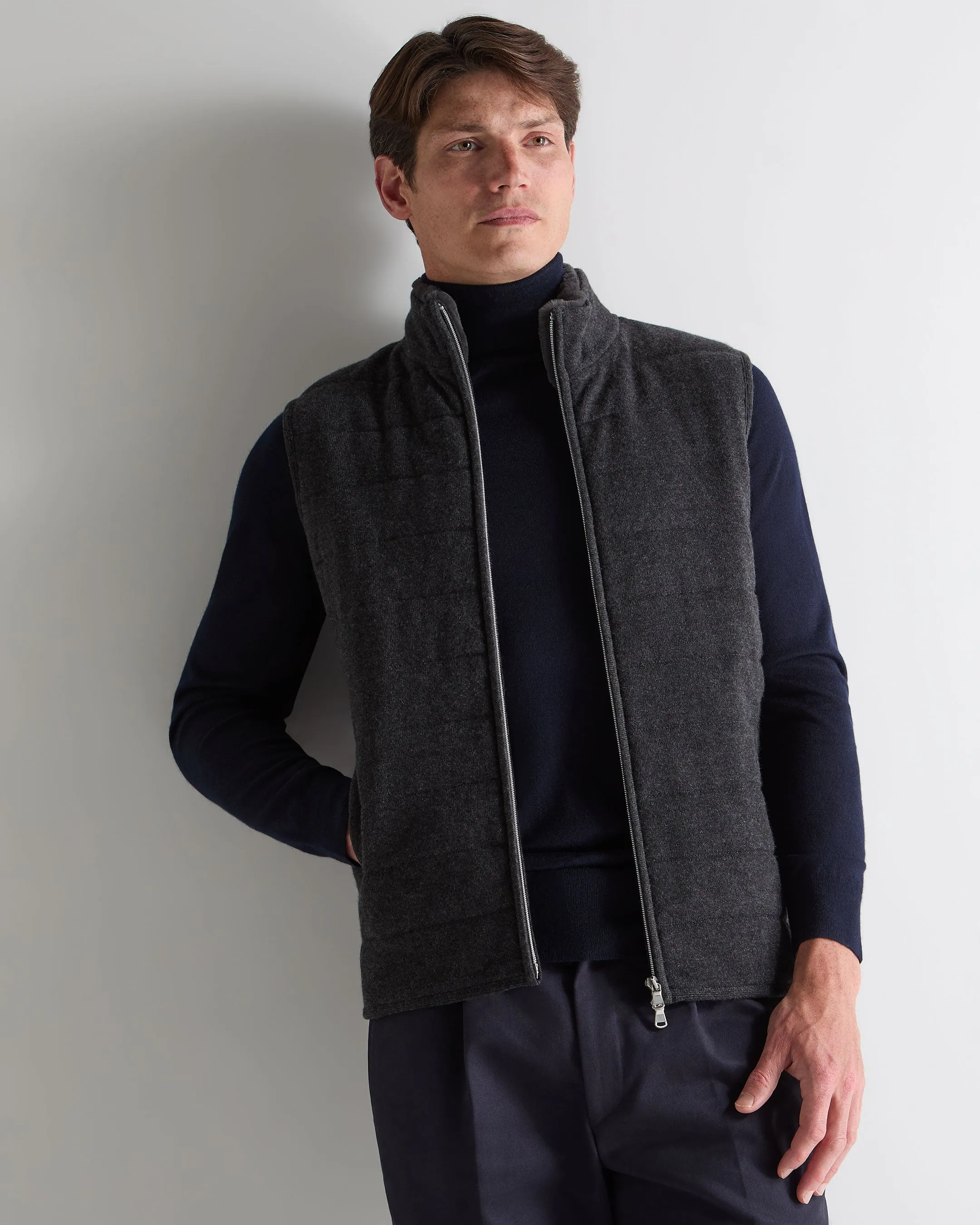 Grab the Deal Now Men'S Padded Fur Trim Cashmere Gilet Deep Charcoal Grey