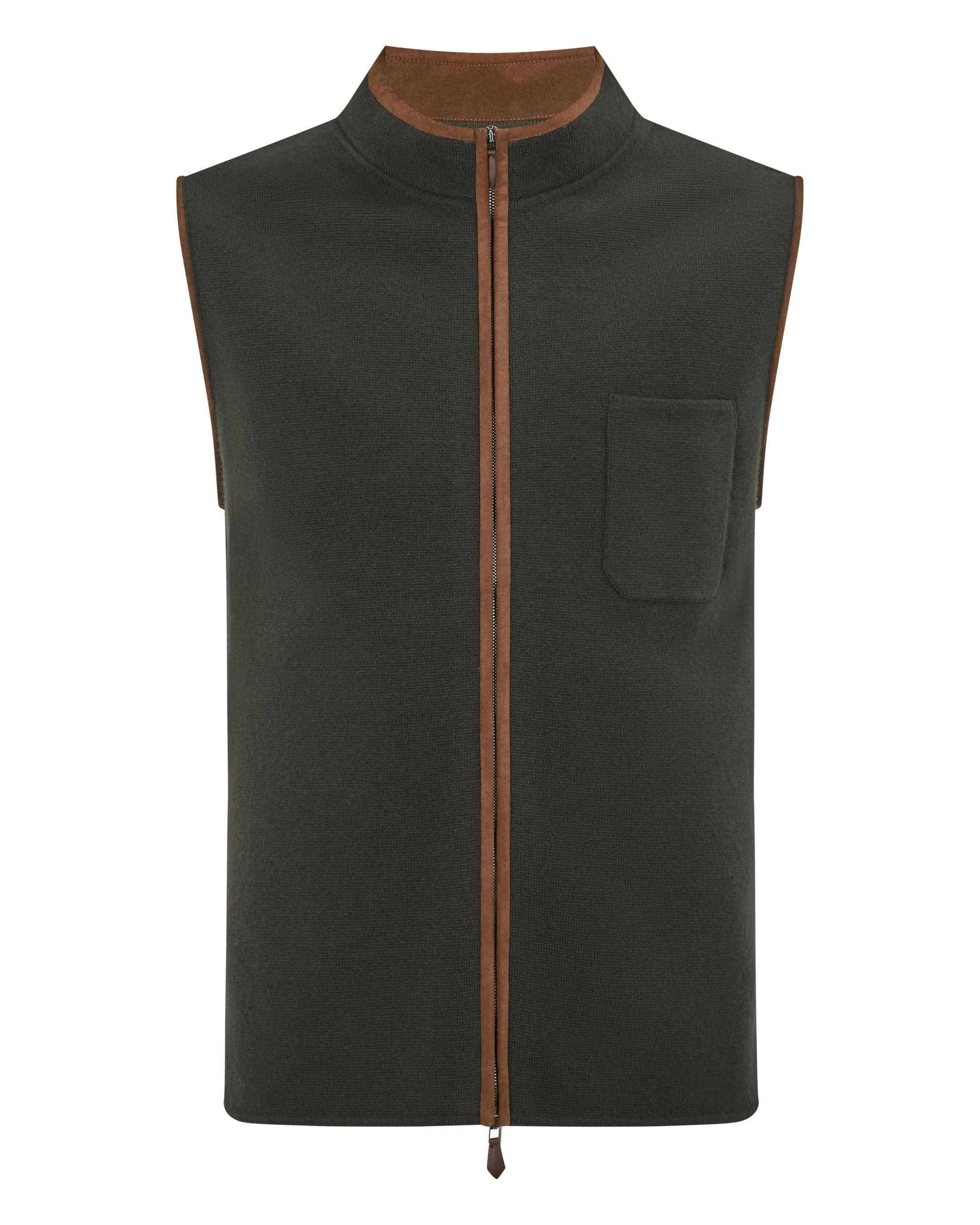 Men'S Shaftesbury Suede Trim Cashmere Gilet Arabica Khaki Green Limited Time Hot Deal Shop Hot Picks