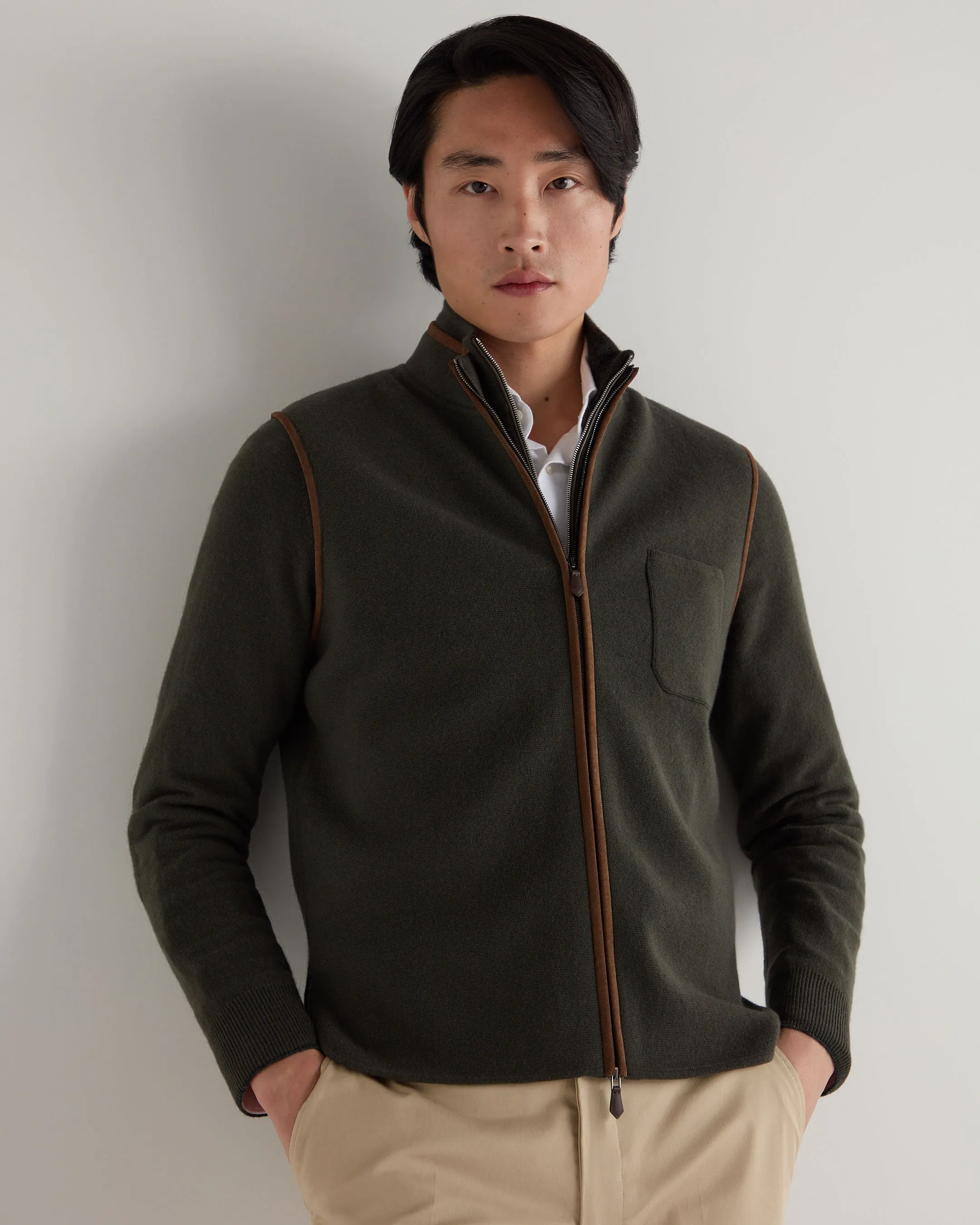 Men'S Shaftesbury Suede Trim Cashmere Gilet Arabica Khaki Green Exclusive Online Offer