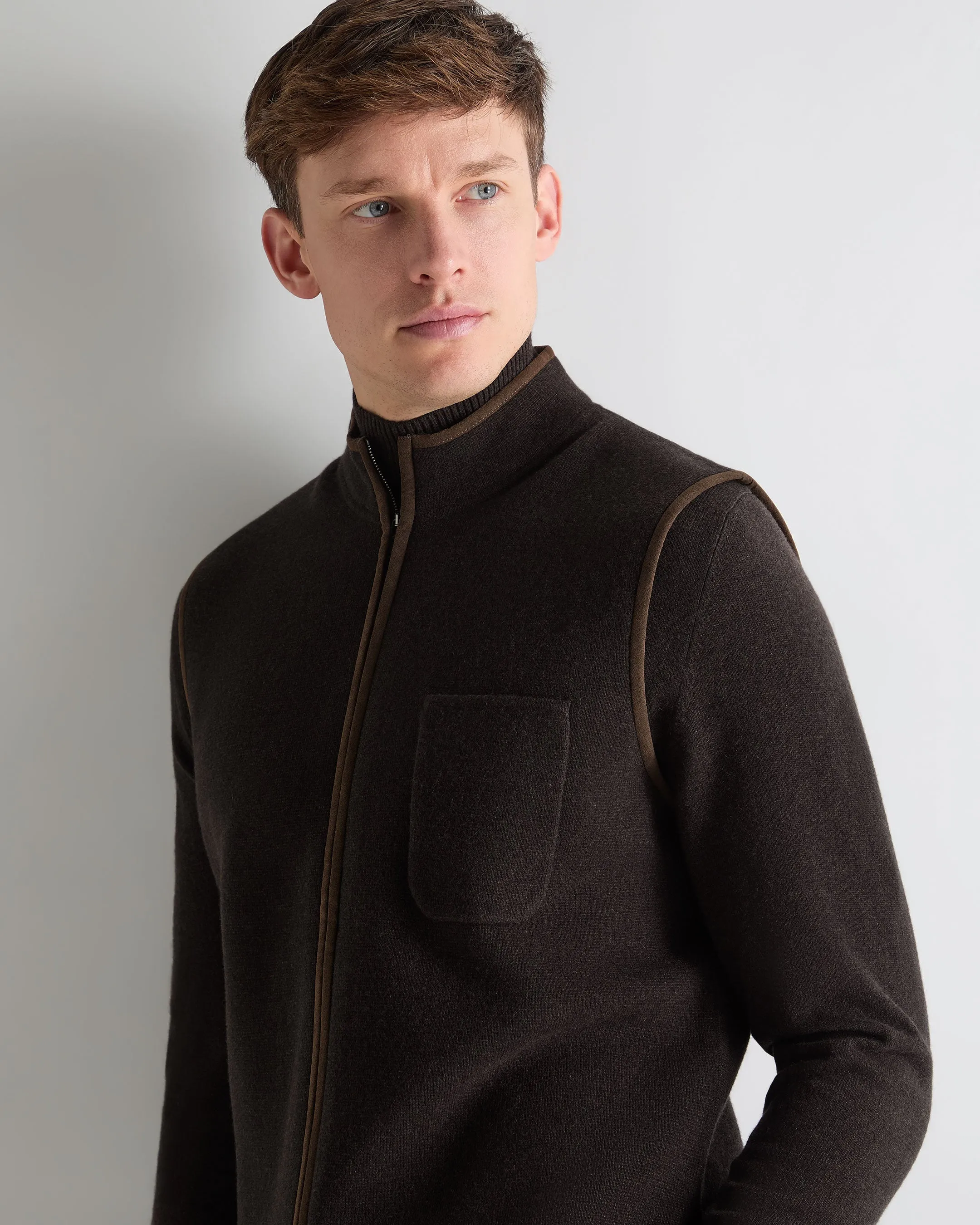Shop Grab Now Men'S Shaftesbury Suede Trim Cashmere Gilet Chocolate Brown