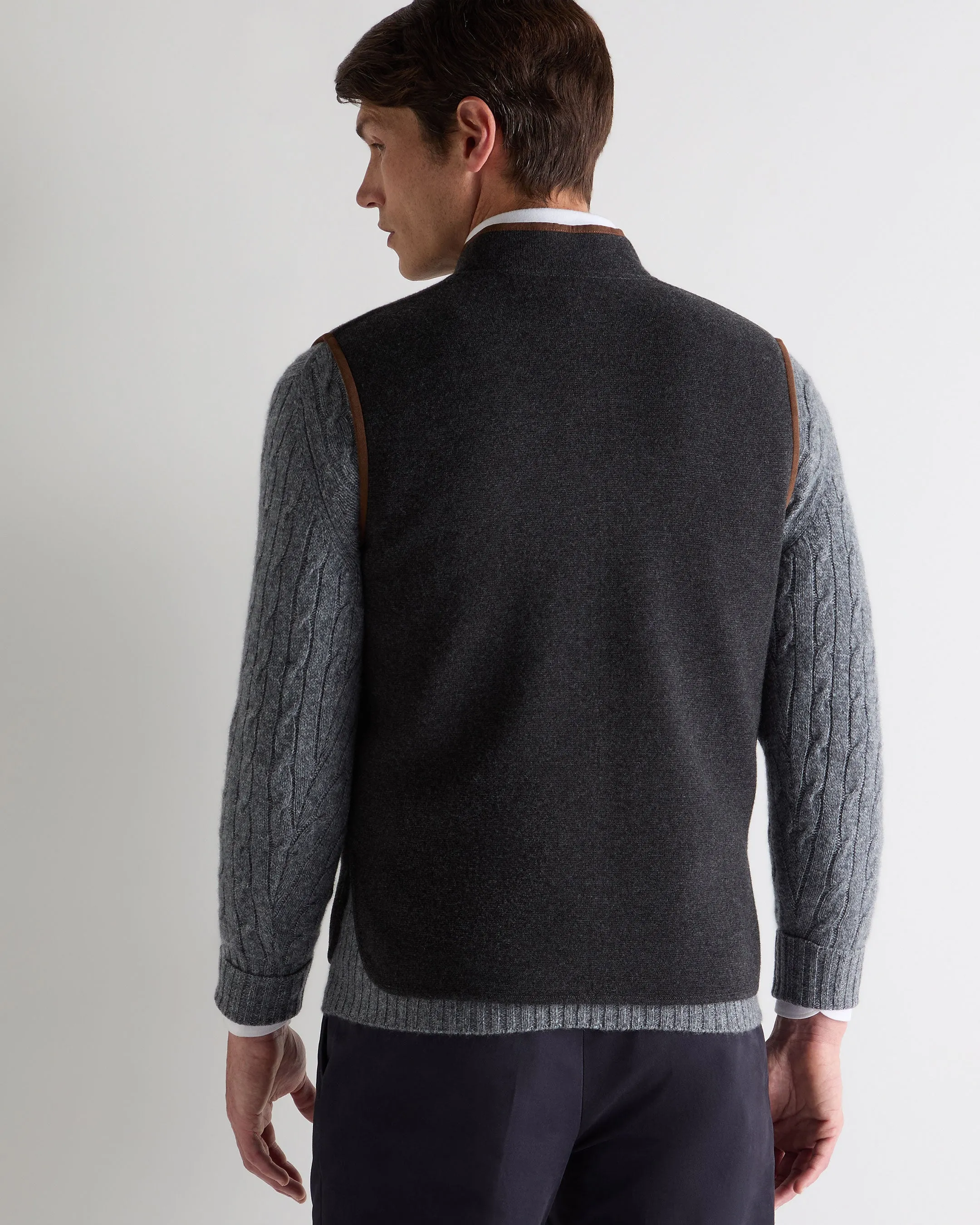 Men'S Shaftesbury Suede Trim Cashmere Gilet Deep Charcoal Grey Special Savings Today