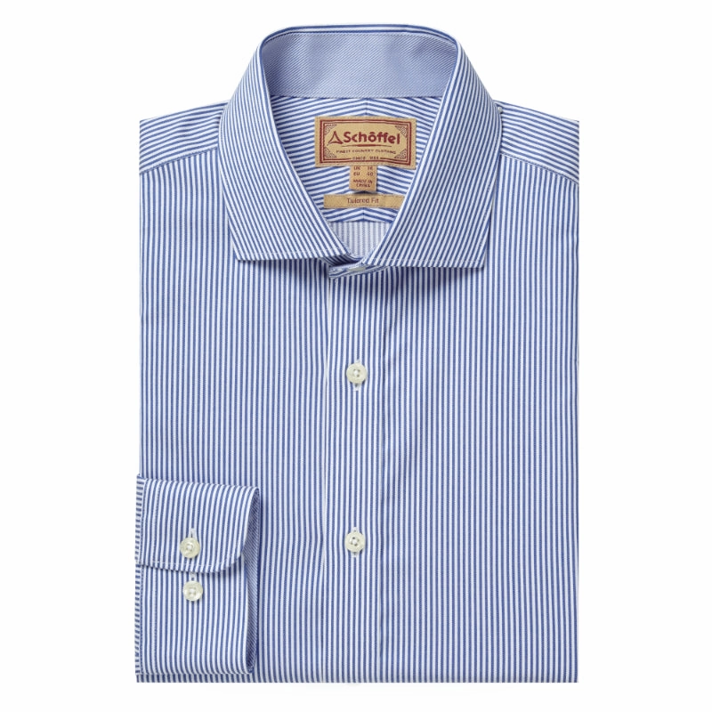 Schoffel Greenwich Single Cuff Tailored Fit Mens Shirt - Navy Stripe Trending Deals Today