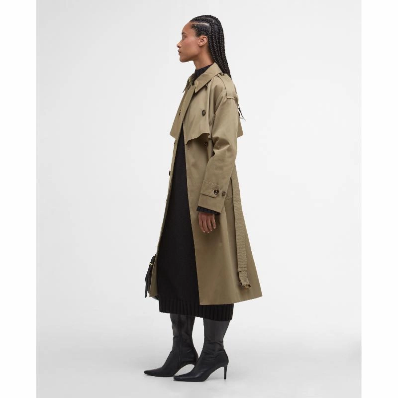 Todays Best Deal Limited Time Sale Barbour Aoife Ladies Showerproof Trench Coat - Military Brown/Hessian Tartan