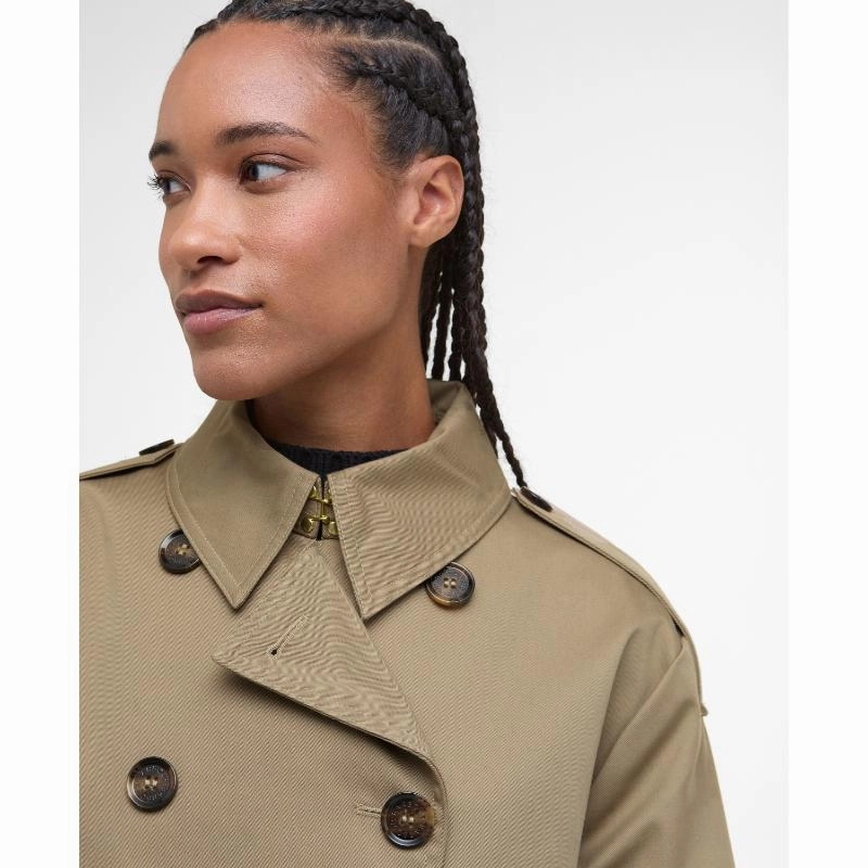 Last Chance Steal Clearance Alert Now Barbour Aoife Ladies Showerproof Trench Coat - Military Brown/Hessian Tartan