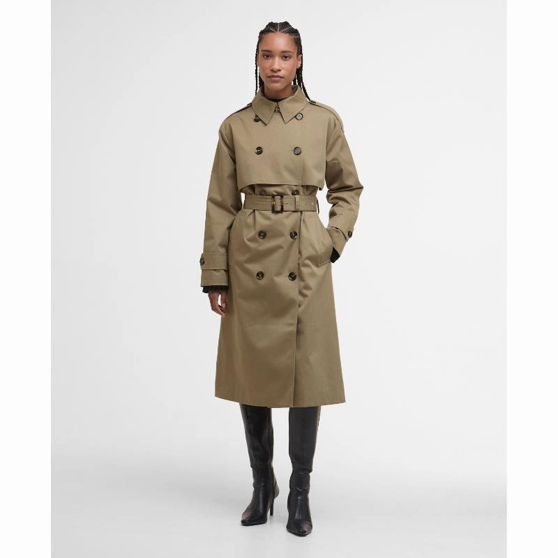 MustShop Sale Barbour Aoife Ladies Showerproof Trench Coat - Military Brown/Hessian Tartan