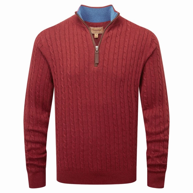 Last Chance Steal MustHave Items Schoffel Cotton Cashmere Cable 1/4 Zip Jumper - Chilli