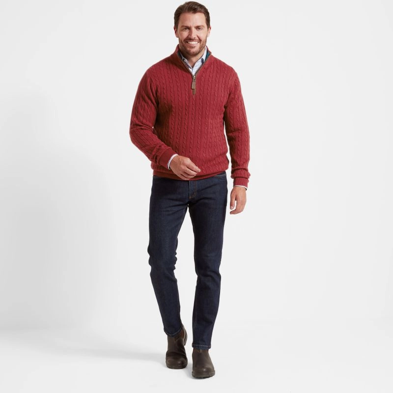 Schoffel Cotton Cashmere Cable 1/4 Zip Jumper - Chilli Big Hot Sale