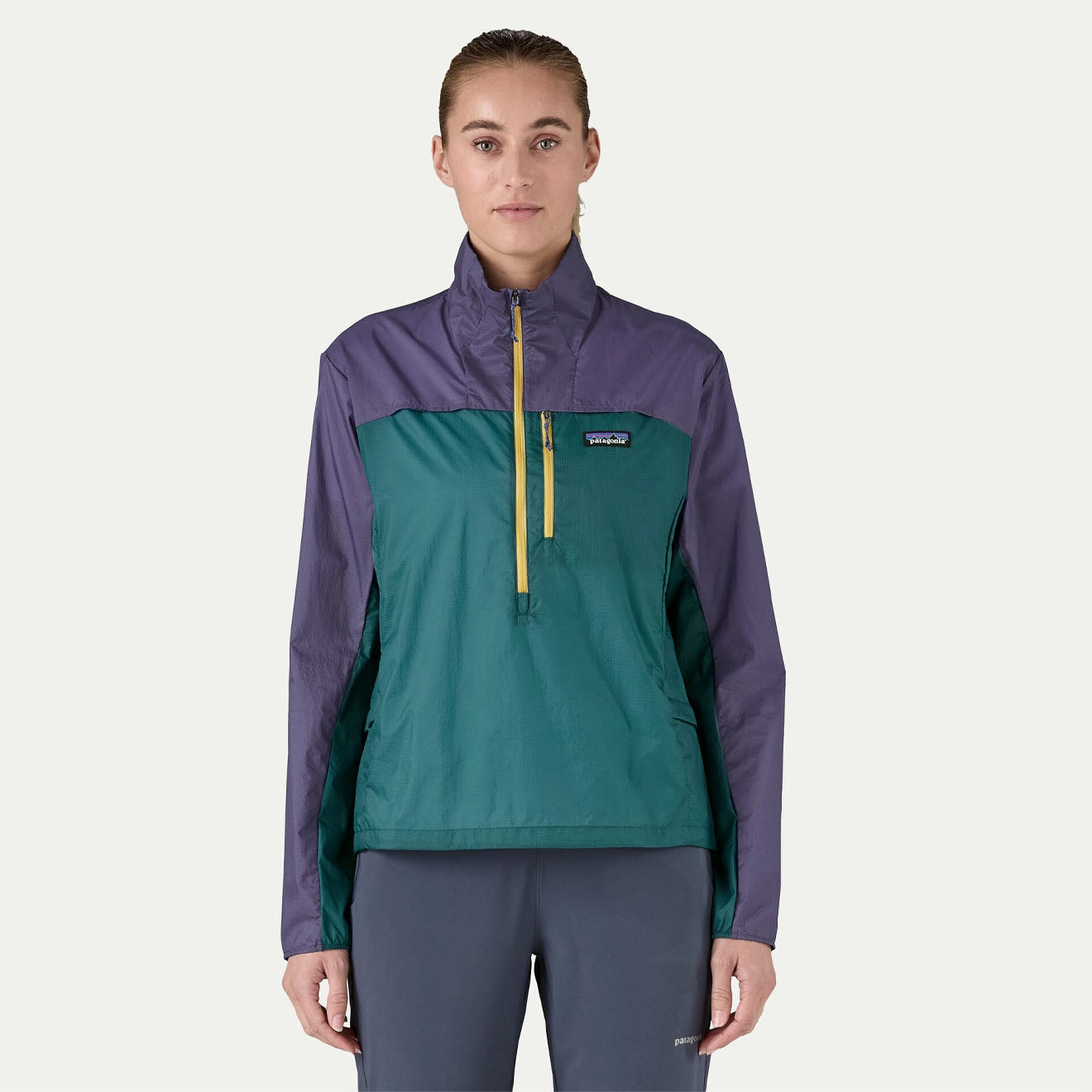 Hot Sale Today Patagonia Womens Houdini Stash 1/2 Zip Pullover Wetland Blue / Solstice Purple