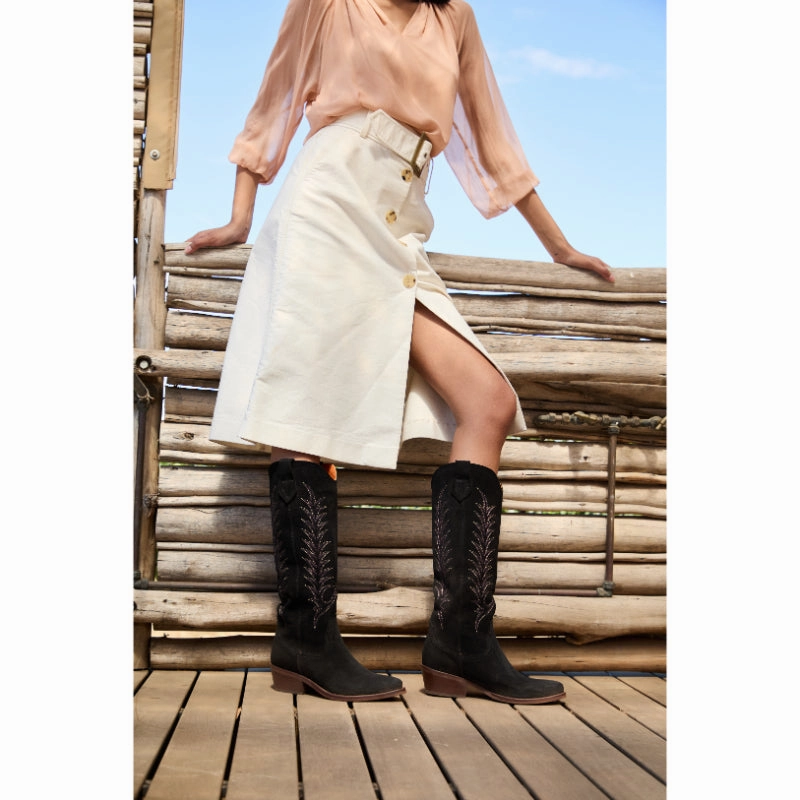 Shop Save Today Hot Pick Online Penelope Chilvers Blanca Embroidered Suede Ladies Cowboy Boot - Black