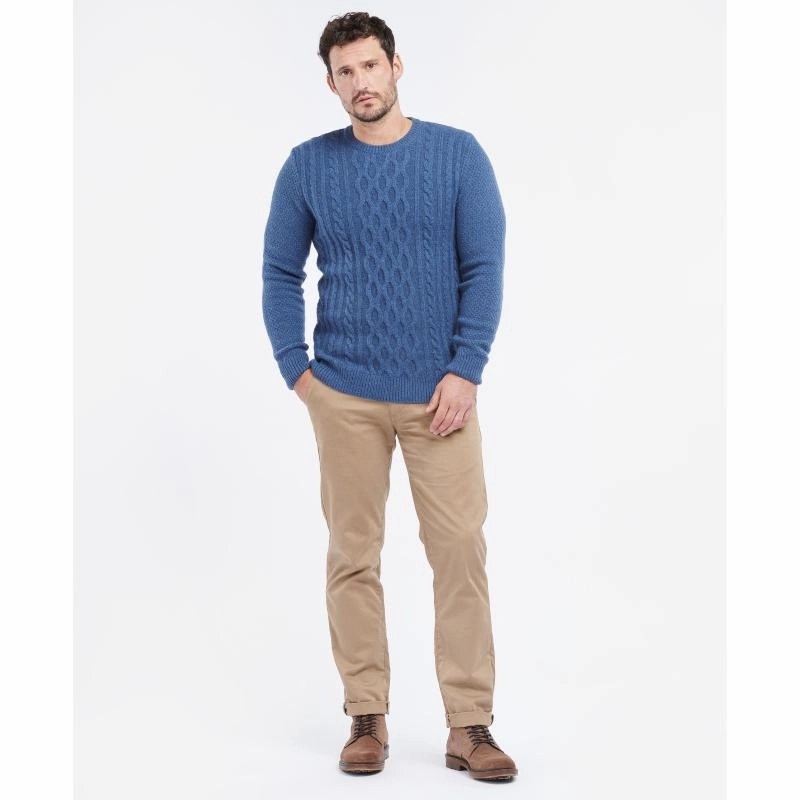 Barbour Chunky Mens Lambswool Mix Cable Crew Neck Jumper - Denim Marl Exclusive Online Offer