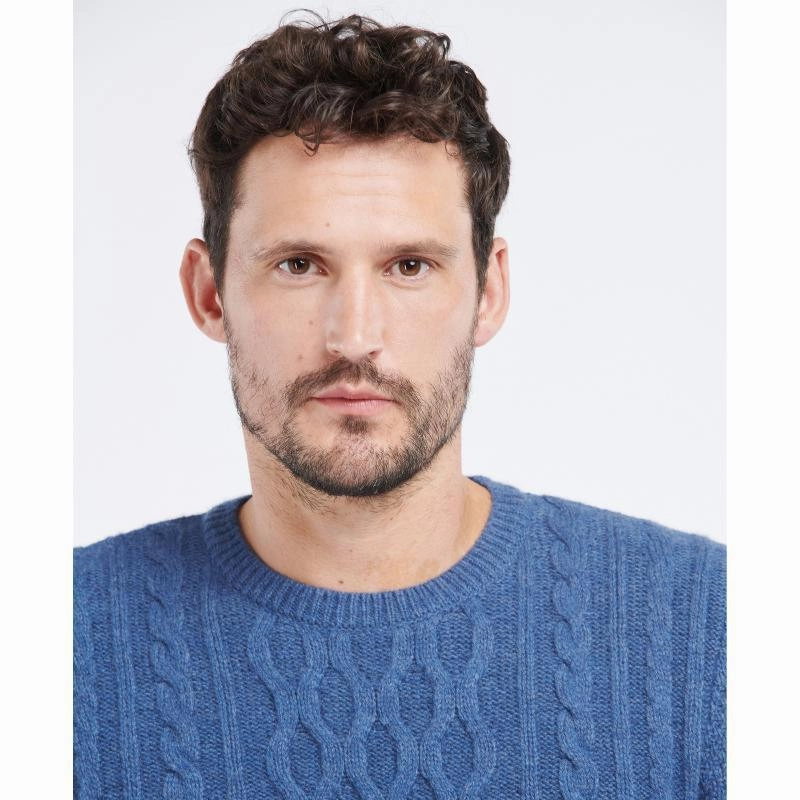 Barbour Chunky Mens Lambswool Mix Cable Crew Neck Jumper - Denim Marl Price Drop Alert