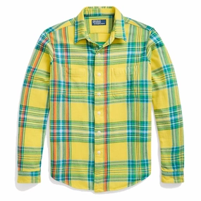 Polo Ralph Lauren Classic Fit Plaid Flannel Workshirt Yellow/Green Multi Special Price Today Hot Deal Alert