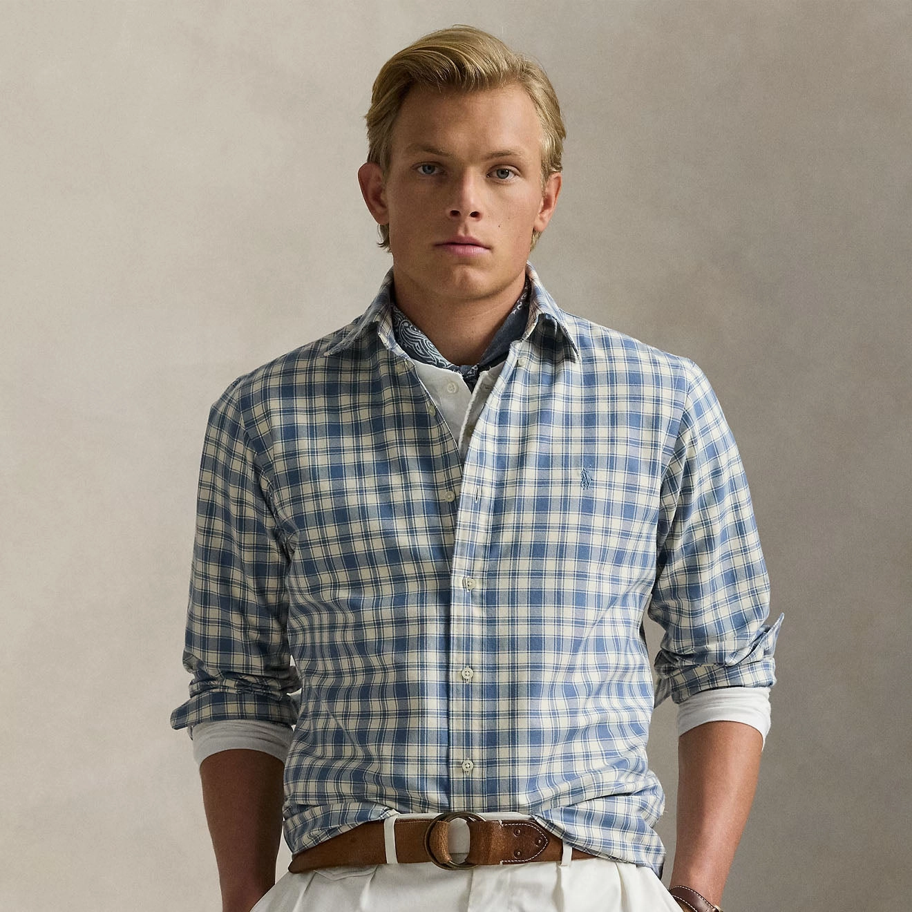 Instant Savings Inside Polo Ralph Lauren Custom Fit Plaid Oxford Shirt Blue Cream