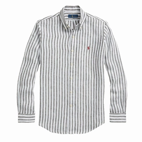 Special Surprise Sale Polo Ralph Lauren Custom Fit Striped Linen Shirt Olive / White