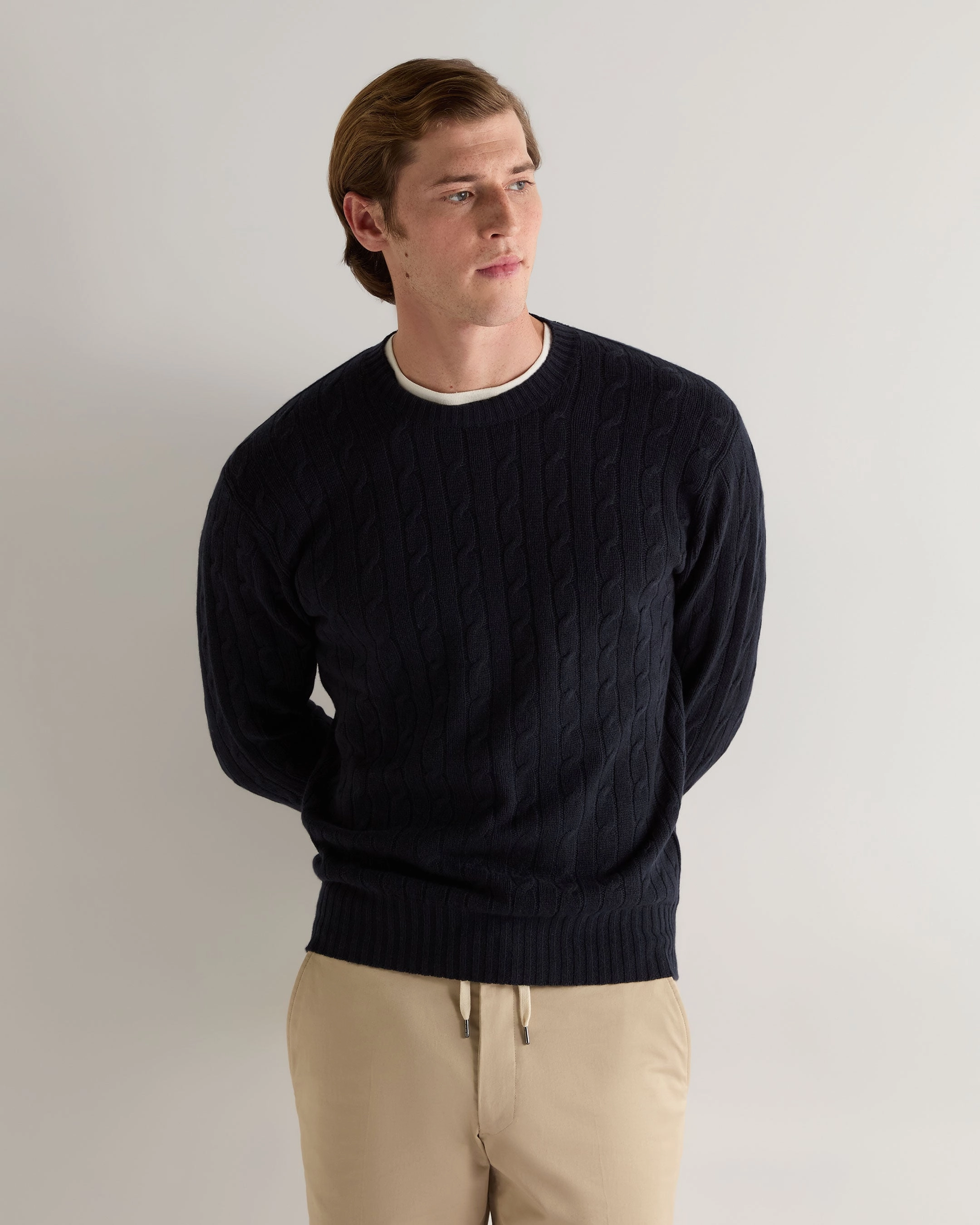 Special Price Offer Men'S Thames Cable Round Neck Cashmere Jumper Navy Blue