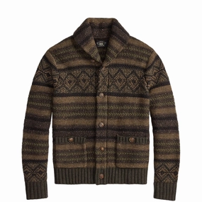 Rrl By Ralph Lauren Wool Cotton Shawl Collar Cardigan Brown Olive Multi Clearance Blowout