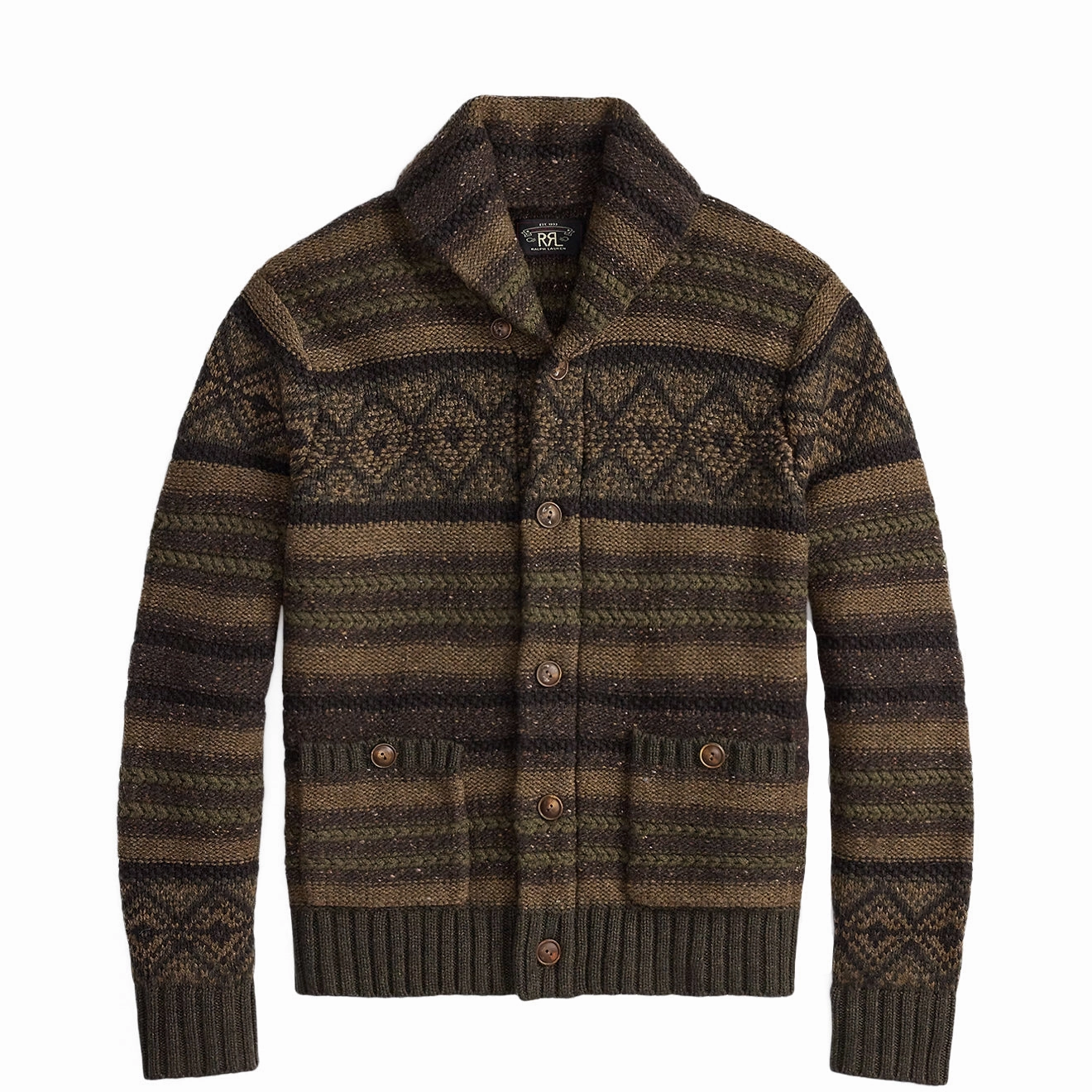 Rrl By Ralph Lauren Wool Cotton Shawl Collar Cardigan Brown Olive Multi Clearance Blowout