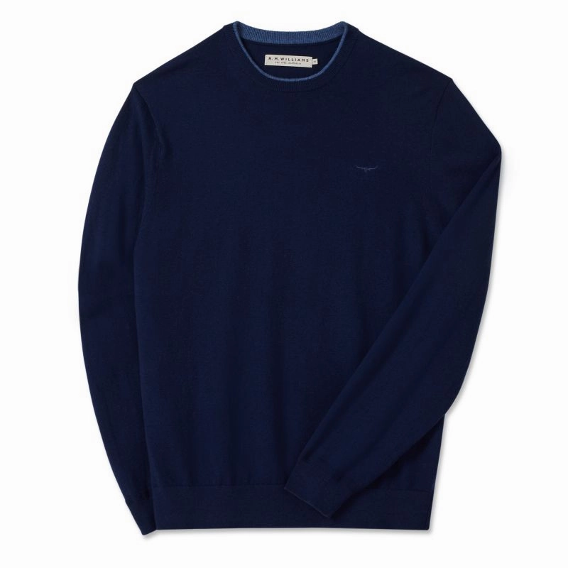Trending Now Discount Special Surprise Sale R.M.Williams Howe Mens Australian Extra Fine Merino Crew Neck Sweater - Navy