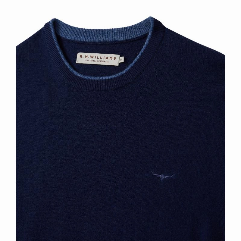 Perfect Gift Offer R.M.Williams Howe Mens Australian Extra Fine Merino Crew Neck Sweater - Navy