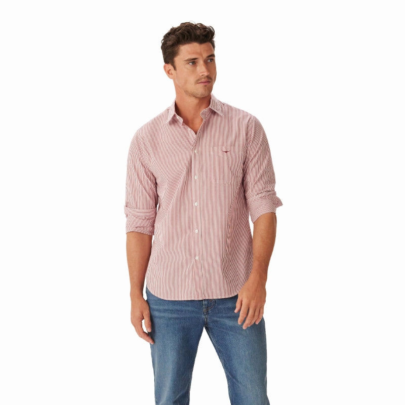 R.M.Williams Poplin Stripe Regular Fit Mens Shirt - Red/White Today Only Hot Sale Mega Savings Now