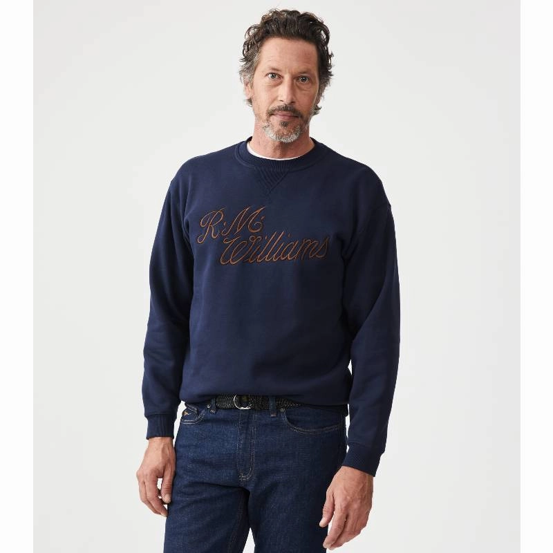 Big Savings Alert R.M.Williams Script Crew Neck Mens Sweater - Navy