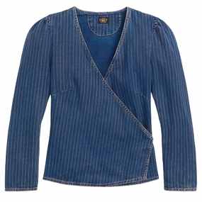 Dont Wait Save Rrl By Ralph Lauren Womens Indigo Striped Denim Wrap Top Medium Indigo