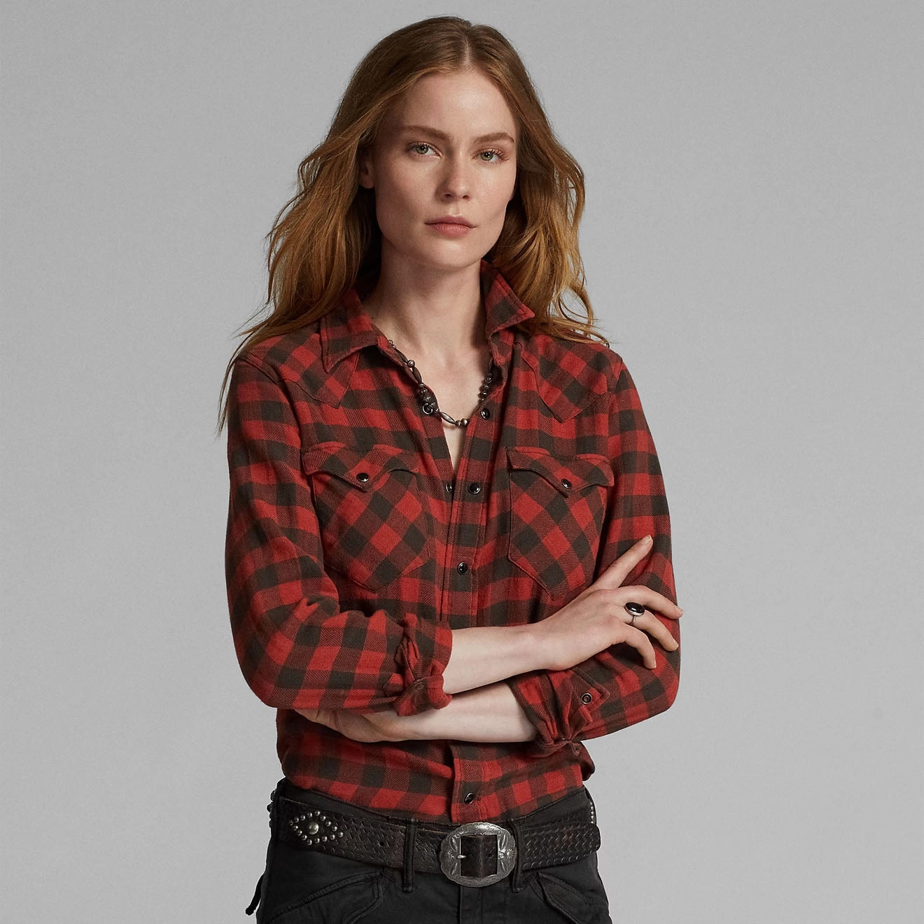 Rrl By Ralph Lauren Womens Plaid Cotton-Linen Western Shirt Rl-100 Red/Black Shop Save Today Dont Miss This Steal