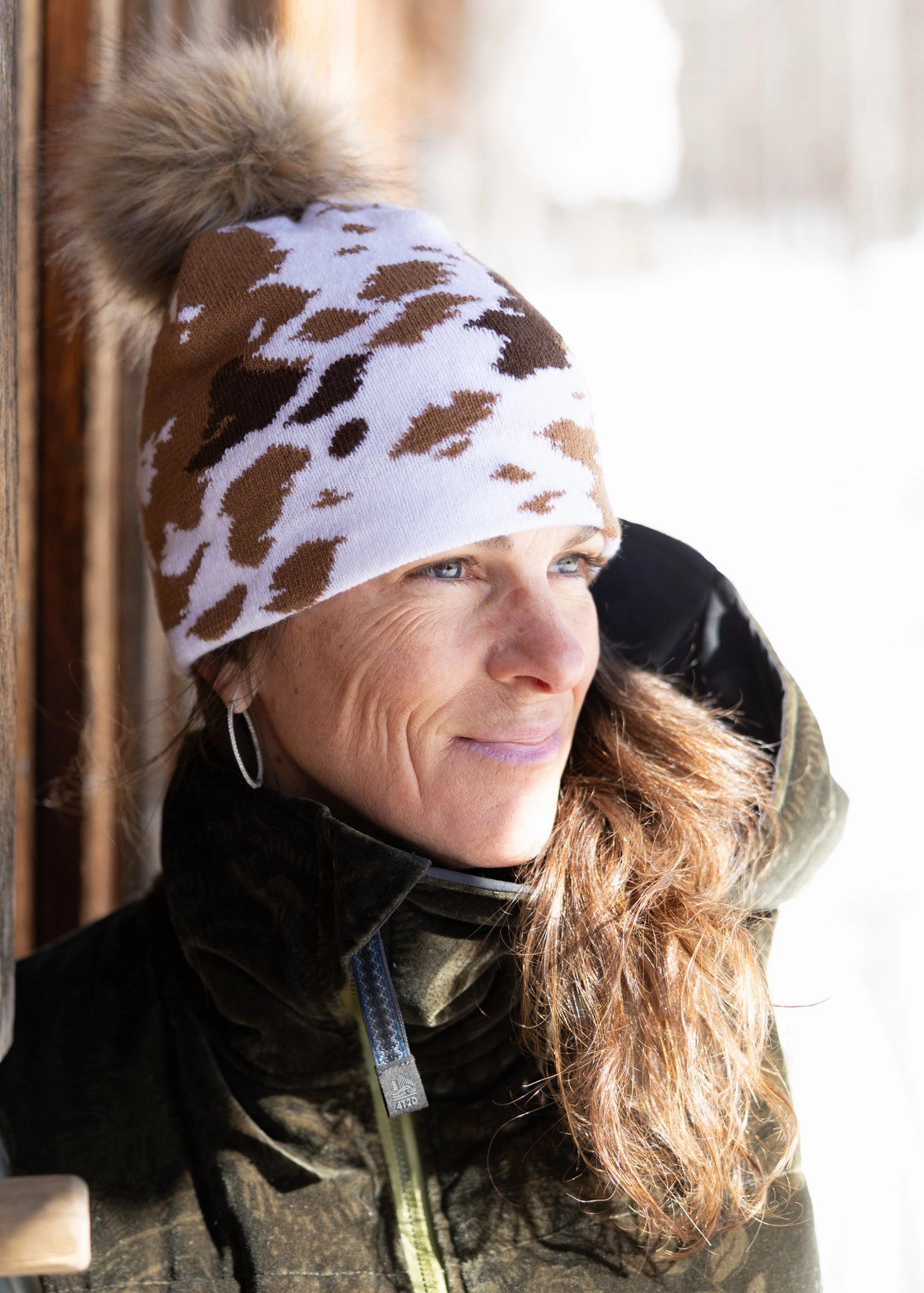 Grab Your Deal Today Cowhide Midi Faux Fur Pom Beanie