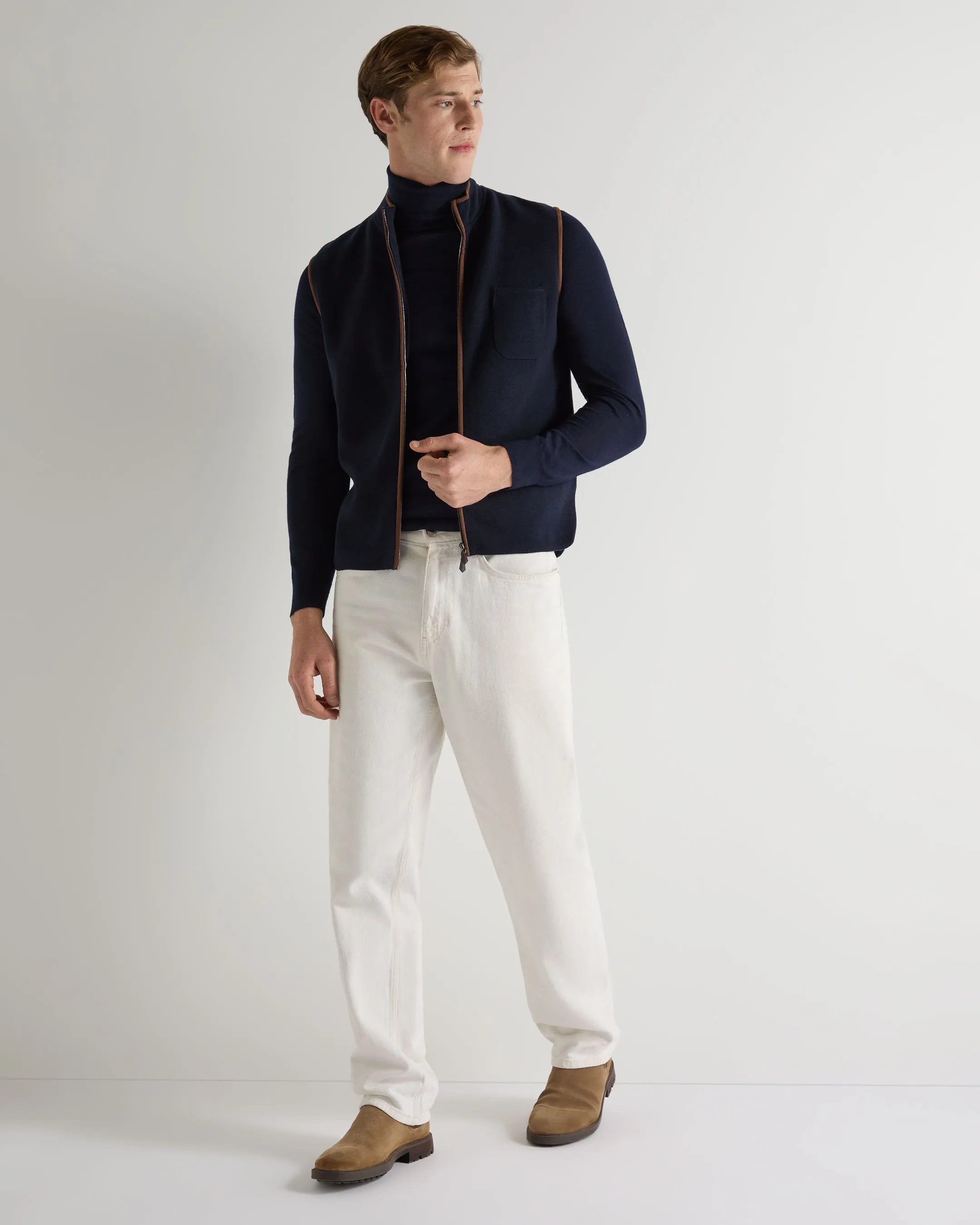 Best Seller Discount Gift Ideas Galore Men'S Shaftesbury Suede Trim Cashmere Gilet Navy Blue