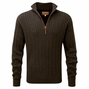 Clearance Blowout Schoffel Calton Cable Knit Cotton Cashmere 1/4 Zip Mens Jumper - Loden Green