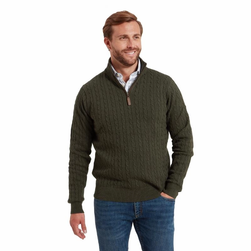 Schoffel Calton Cable Knit Cotton Cashmere 1/4 Zip Mens Jumper - Loden Green Dont Miss Hot Deals Grab It Before Gone