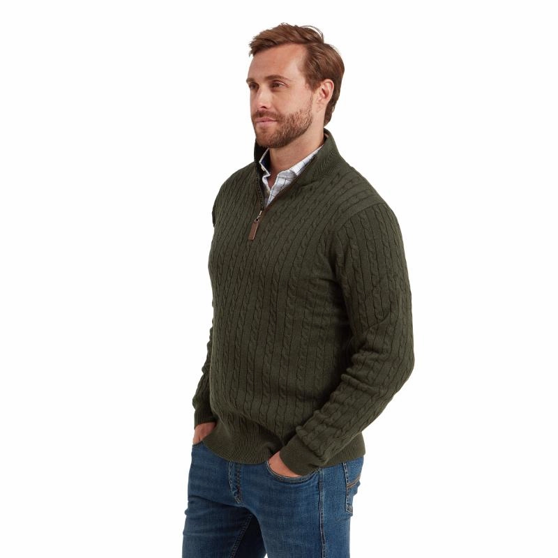 Schoffel Calton Cable Knit Cotton Cashmere 1/4 Zip Mens Jumper - Loden Green Clearance Steal Today