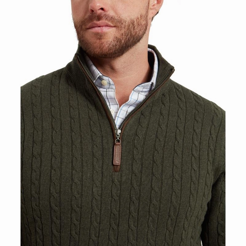Schoffel Calton Cable Knit Cotton Cashmere 1/4 Zip Mens Jumper - Loden Green Hot Offer Event Weekend Specials