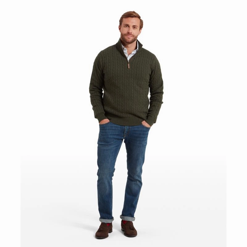 Flash Sale Alert Now Shop Hot Picks Schoffel Calton Cable Knit Cotton Cashmere 1/4 Zip Mens Jumper - Loden Green