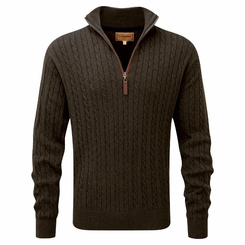 Clearance Blowout Schoffel Calton Cable Knit Cotton Cashmere 1/4 Zip Mens Jumper - Loden Green