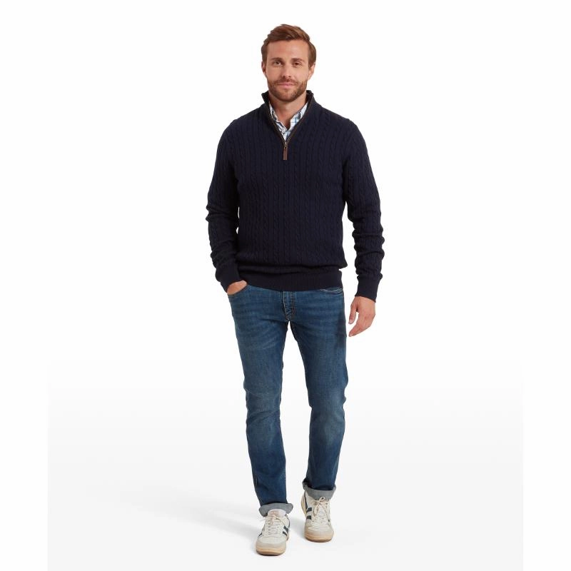 MustHave Deal Schoffel Calton Cable Knit Cotton Cashmere 1/4 Zip Mens Jumper - Navy