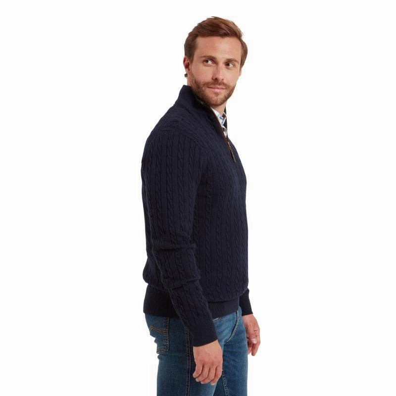 Sale Ending Soon Hot Offer Inside Schoffel Calton Cable Knit Cotton Cashmere 1/4 Zip Mens Jumper - Navy