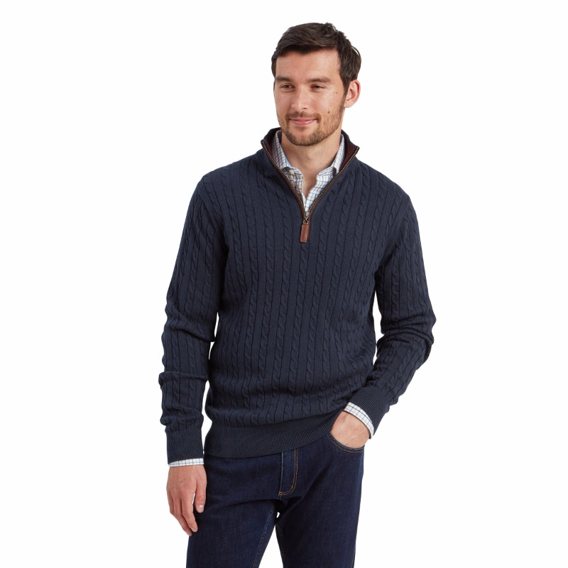 Schoffel Calton Cable Knit Cotton Cashmere 1/4 Zip Mens Jumper - Petrol Blue Online Exclusive Offer Deal Frenzy Today